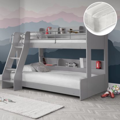 bbfcbd2482e93352d7cc63b0b3a1aa595381238889e96759af10246e0227a0fc.jpg An Image of Domino/Noah - Single - Bunk Bed with Storage and 2 Open Coil Spring Memory Foam Mattresses Included - Light/GreyWhite - Wooden/Fabric - 3ft - Happy Beds