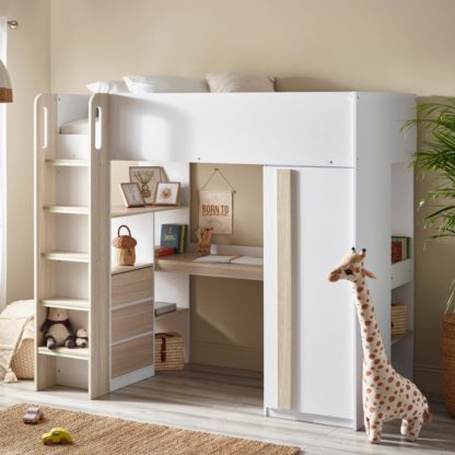 bfde420487035b90a4c9180afc0836dc8c9268f9e203aa5037986c5e38dda8e8.jpg An Image of Ocean - Single – Storage High Sleeper with Drawers, Shelves, Desk and Wardrobe – Pale Wood/White - Wooden - 3ft