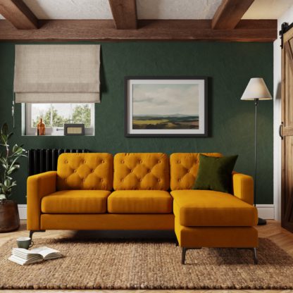 7d2e76e19a5e22c81020de5966145a7b24234732616c5e27ad38e65909b75866.jpg An Image of Jacob Velvet Buttoned Compact Corner Chaise Sofa Orange Umber