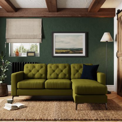 d2a1882abc650cfad692ef93f4988344dcf581ee2b4cf8a08e34580175077977.jpg An Image of Jacob Velvet Buttoned Compact Corner Chaise Sofa Orange Umber