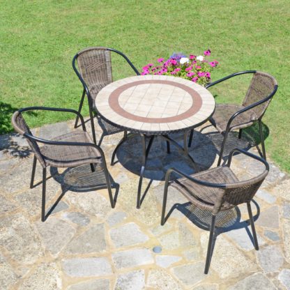 7d167ac9609d9b22a2e0500c95888e06e1936c9e4cf34570159d8119558d3c63.jpg An Image of Henderson 91cm Patio Table with 4 Springdale Chairs Set Brown