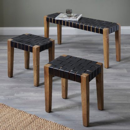 37fadeb47fdc76a247b275cfc7163b7cf9a86572d734c0a2c8aa3084f08318a8.jpg An Image of Pacific Claudio Leather Bench and Stools Set, Mango Wood Brown