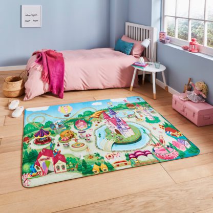3f792fbd392cb0c0cbdc56b65cc6791d05e582716f55c2e5d9675d4798879a6b.jpg An Image of Princess Playground Rug Blue, Green and Pink
