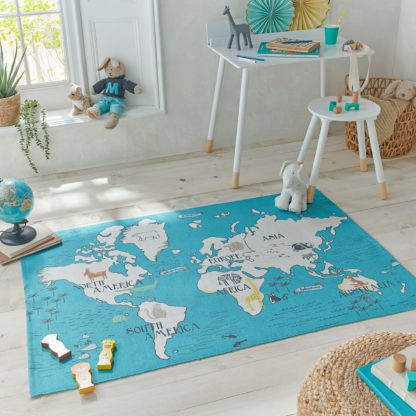 93cc868f80f9c7b88752505000382bb32dadcbc90fb0e9dc83144a25449c94d7.jpg An Image of My World Map Rug Blue/Yellow/Black