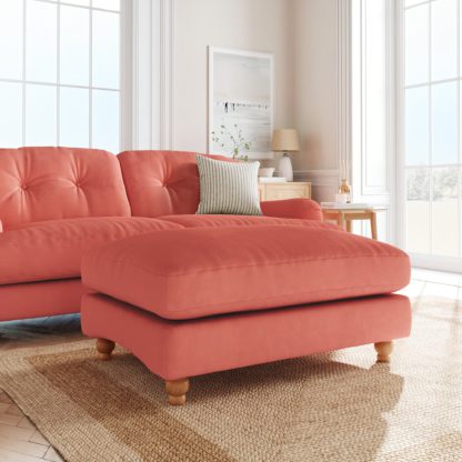 644f2edd6ecf881b9d84b71b68b6572668b38a26a6e0162c26303de6fa714c36.jpg An Image of Martha Matte Plush Velvet Footstool Matte Plush Velvet Bright Coral