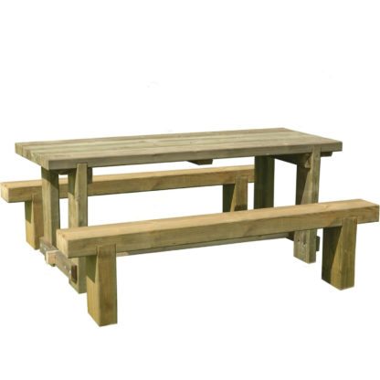 d7b77dddf4cc0611fc02ac5b44dc3d30bb5139e1c51f58a8eaaba9e3fce9274e.jpg An Image of Forest Garden Refectory 1.8m Wooden 6 Seater Picnic Table Sleeper Bench Set