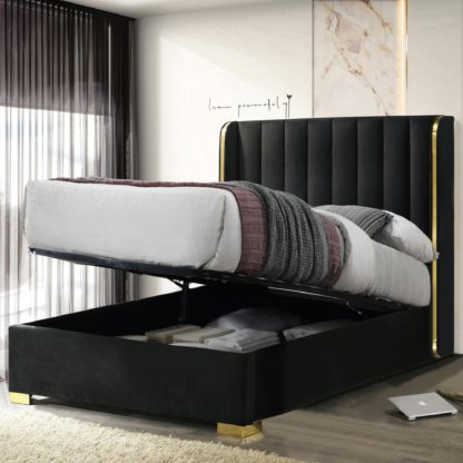 0ff01379ce7177cc099b26f347fb707829d694b568f7a7efe4662df5d58a9204.jpg An Image of Phoenix Ottoman Velvet Bed Frame Black