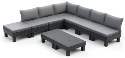 41473147a8a7fca9c033baf7ae13fcb4138f5357e1a709e21567e56e0ddd0ab6.jpg An Image of Keter Elements 7 Seater Plastic Garden Sofa Set - Grey