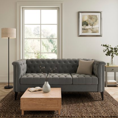 a39a5034e02718c36386e0a0040248577419f93eca10464d80862f0c1d7fc374.jpg An Image of Nellie Velvet Buttoned 3 Seater Sofa Steeple Grey