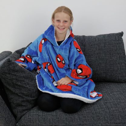 0c6a499431723c3cae5ff7ab554b9be54171ce7aac4ada9a46426560e9dce9bc.jpg An Image of Hugzee Spiderman Blue Fleece Hooded Blanket - Small