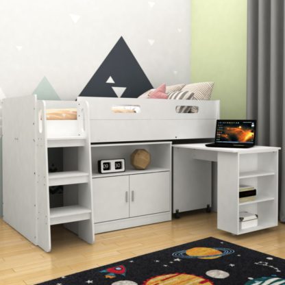 3f82637327ce69b481363e370881c172df9f231d9bb42cfa657cea393fef11cd.jpg An Image of Kudl White Mid Sleeper with Desk and Cupboard - 3ft Single