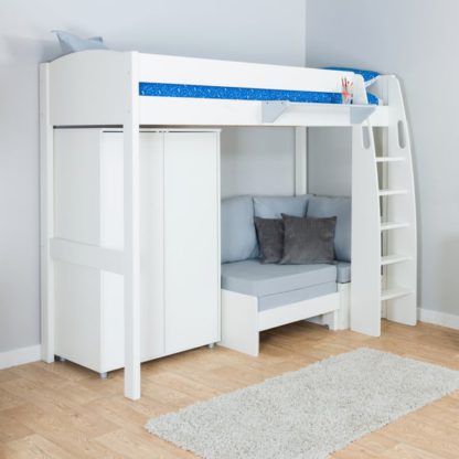 4e3177f90ffb50ad16113e4a027b0311f3fb6c9cf2f274a905ab7c8f1cd68ece.jpg An Image of Stompa Uno High Sleeper with Corner Sofa And Wardrobe, Pine