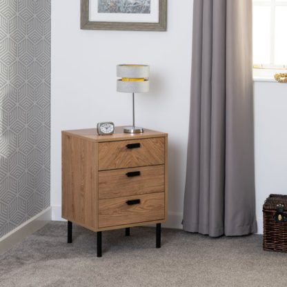 4f67b8e28ed918f72082df624a99884a168f3f79141ce1b39079e6c68789787b.jpg An Image of Barker 3 Drawer Bedside Table, Oak Effect