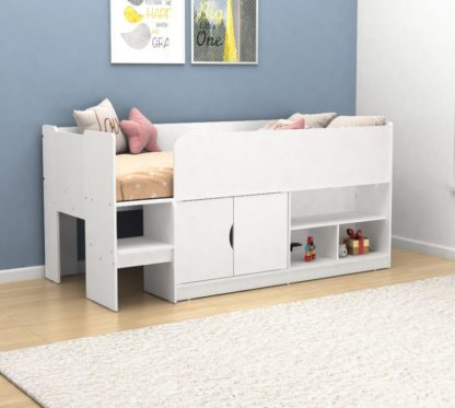 5d7a22df09d3372a8ba40b5920b93c5f8fe52ec0998d5f15b33606177eef16ca.jpg An Image of Kudl – Single – Mid Sleeper with Drawers and Shelves – White – Wooden – 3ft - Happy Beds