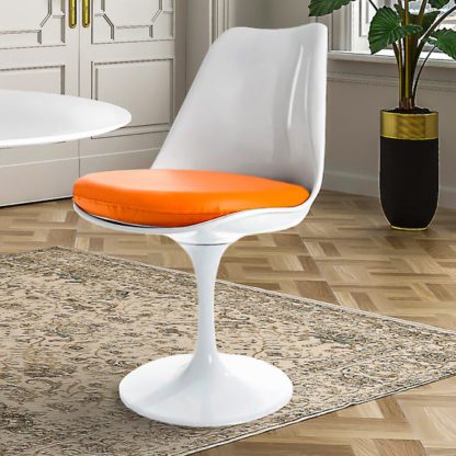 b981a83d0d5d2e9151d5a480353806c63e2fa31440f2ec00c97ecf957d1c077e.jpg An Image of Fusion Living White Tulip Dining Chair with PU Cushion